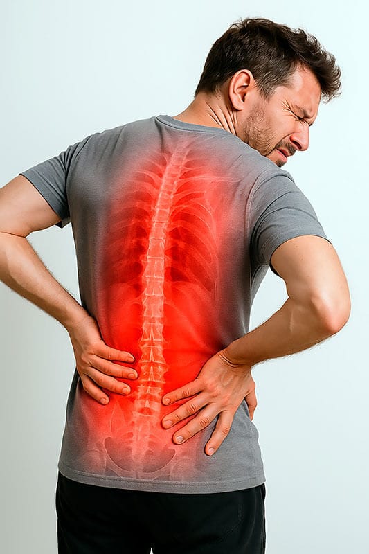 man with back to camera and hands on back with spine in red showing on his shirt indicating back pain
